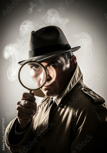 A mysterious detective in a trench coat and fedora hat, peering through a magnifying glass with smoke in the background.