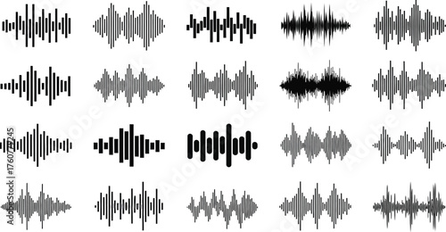 Sound Wave Set, Black Vertical Audio Signal Isolated on Transparent Background