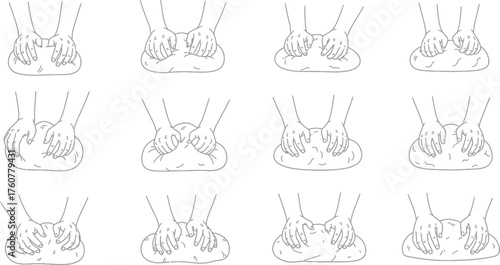 Steps Line Art Of Kneading Process Outline Hands Pressing Dough on White Background