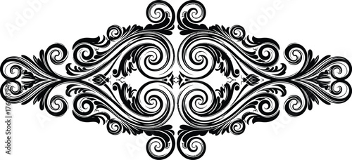 Symmetrical Filigree Design with Swirls and Floral Elements on Transparent BG