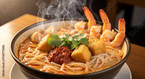 A steaming hot bowl of spicy laksa noodle soup with fresh prawns, tofu puffs, and chili sambal.