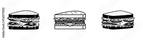 Three illustrations of sandwiches with various fillings and bread types.