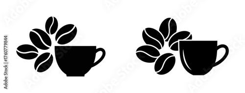 Two black silhouette icons showing coffee cups and coffee beans on a white background.