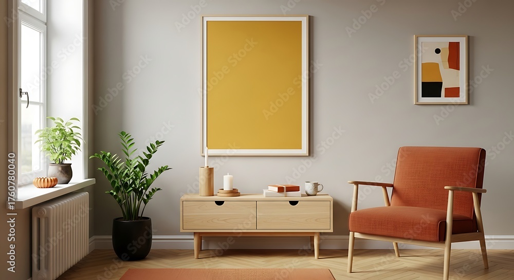 Fototapeta premium Cozy Interior with Mustard Yellow Artwork, Modern Chair, and Natural Light.