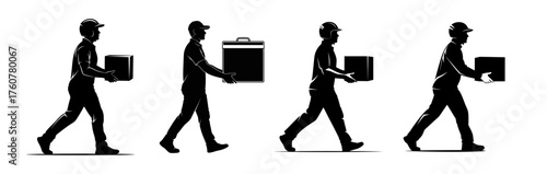 Silhouetted delivery men carrying boxes and a briefcase.