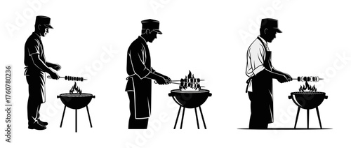 Three silhouettes of a person grilling food on a barbecue grill, showcasing different stages of preparation or cooking.