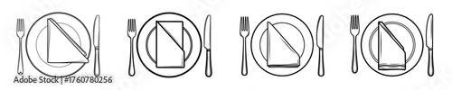 Four identical line art icons depicting a formal table setting with a fork, plate, folded napkin, and knife arranged neatly for dining.