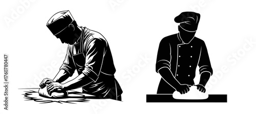 Two bakers kneading dough, wearing chef hats and uniforms, in black and white illustration.