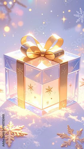 Delicate Transparent Crystal Gift Box with Golden Ribbon and Soft Inner Glow in a Winter Setting