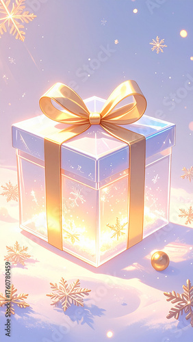 Delicate Transparent Crystal Gift Box with Golden Ribbon and Soft Inner Glow in a Winter Setting
