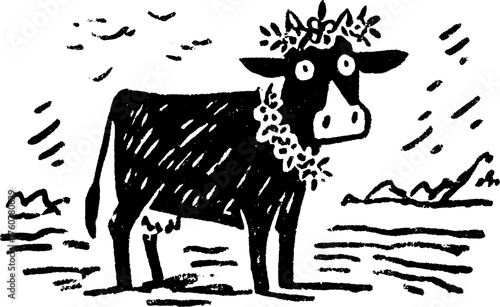 Black and white cow illustration in a simple style. This vector artwork features rural elements, perfect for various uses in design and print.
