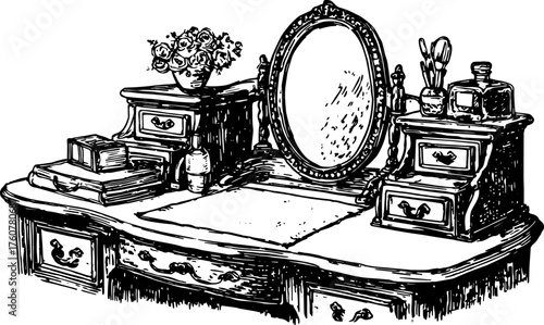 Vintage dresser with a mirror and floral vase. Simple design in engraving vector illustration. Perfect for interior design themes.