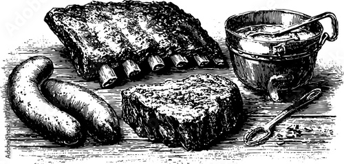 Illustration of meat including sausage, ribs, and steak in a set. Detailed engraving in vintage style, showcasing culinary themes in a vector format.