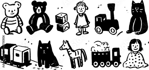 Child toys illustrated in a simple vector style. Features a bear, cat, train, zebra, and blocks in a whimsical set.