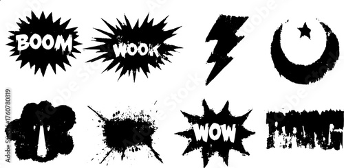 Comic-style explosion effects with words like "boom" and "wow." Bold black vector illustrations representing dynamic concepts and energy bursts.