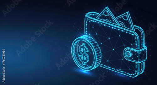 Glowing digital wallet and dollar coin wireframe graphic