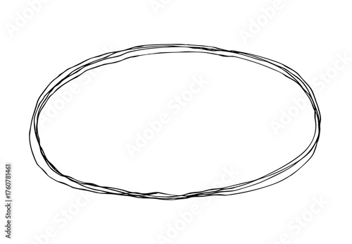 歪な楕円の手描きの線画フレーム。複数の線が重なったモノクロの落書きベクターイラスト