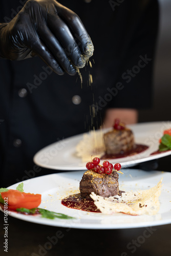 Gourmet Meat Medallion with Red Currants on White Plate