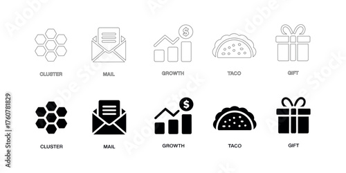 Various icons depicting cluster mail growth taco and gift in both outline and solid black versions, Vector, Illustration