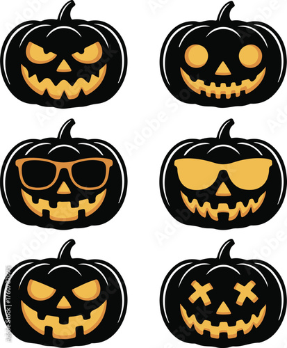 Vector art of set of six halloween pumpkin faces