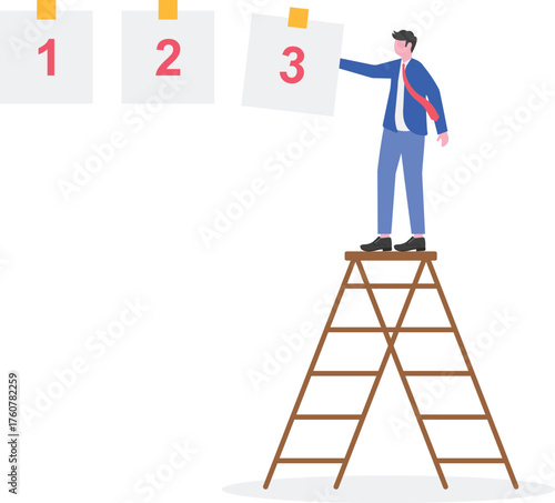 Businessman on ladder attaching number one paper on a line of numbers,
