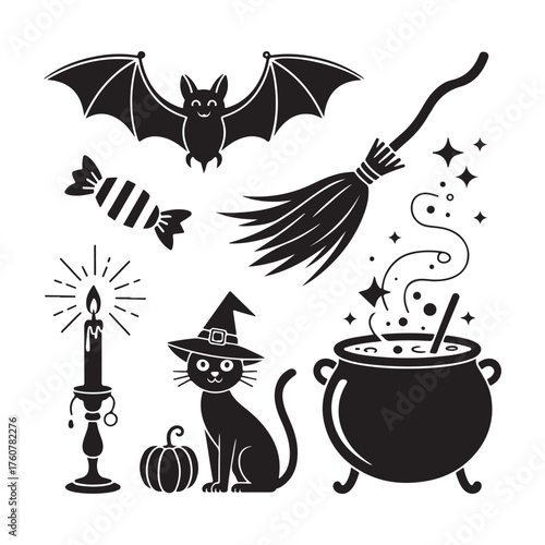 Vector art of halloween silhouette elements with cat, bat, and cauldron