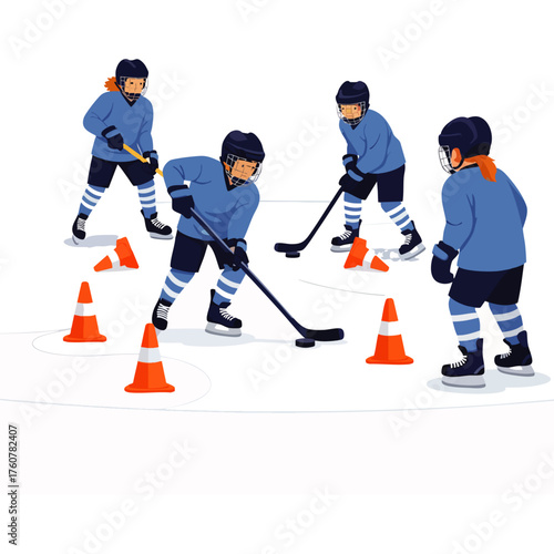 Young ice hockey players in blue jerseys practice stickhandling and skating drills around orange cones on an ice rink, developing athletic skills.