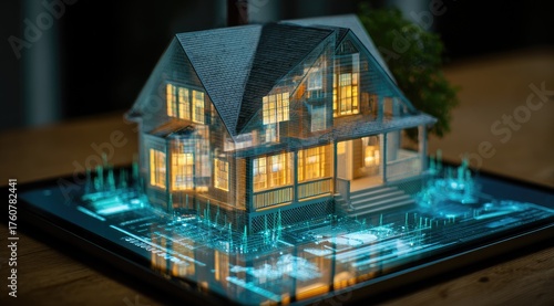 Digital model of a house displayed on a tablet.  Interior and exterior architectural details illuminated with glowing light.  Overlayed data points depict construction data.  Wooden table surface