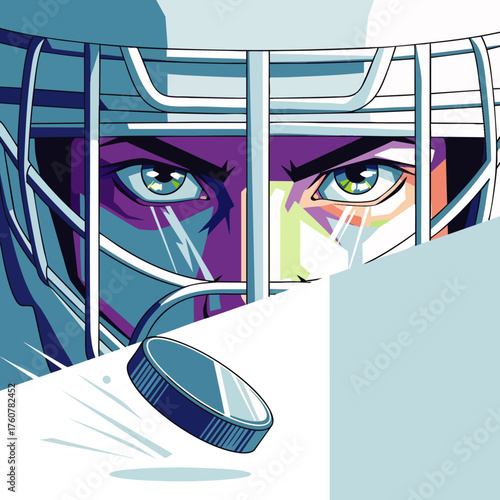 An intense ice hockey goalie, with piercing eyes behind a protective mask, prepares to block a speeding puck in a dynamic, stylized sports illustration.