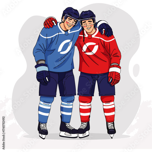 A vibrant vector illustration captures two smiling male ice hockey athletes, showcasing their strong bond and dedication to the exciting winter sport.
