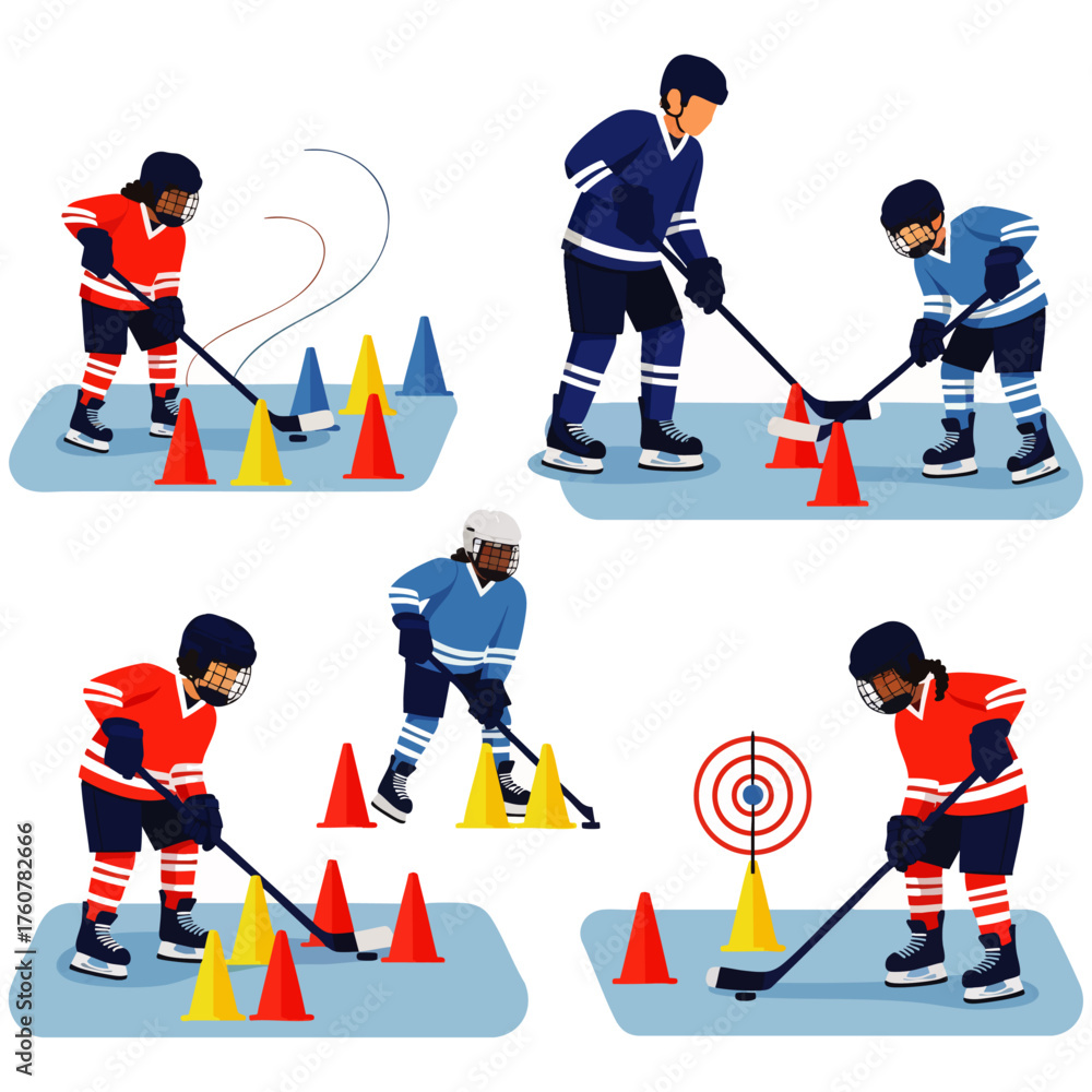 Fototapeta premium Vibrant illustration of young ice hockey players practicing crucial techniques like stickhandling, skating, and shooting during dynamic training drills on ice.