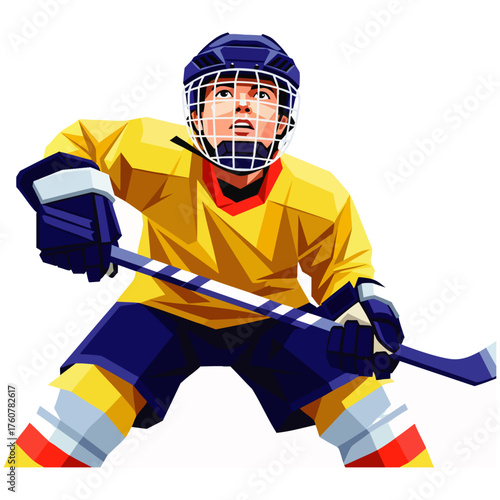 A determined young ice hockey player, fully equipped with helmet and stick, stands ready for dynamic action on the ice, embodying athleticism and focus.