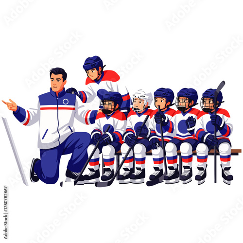 An experienced hockey coach offers strategic guidance and encouragement to a team of eager young players, preparing them for ice rink training and future games.