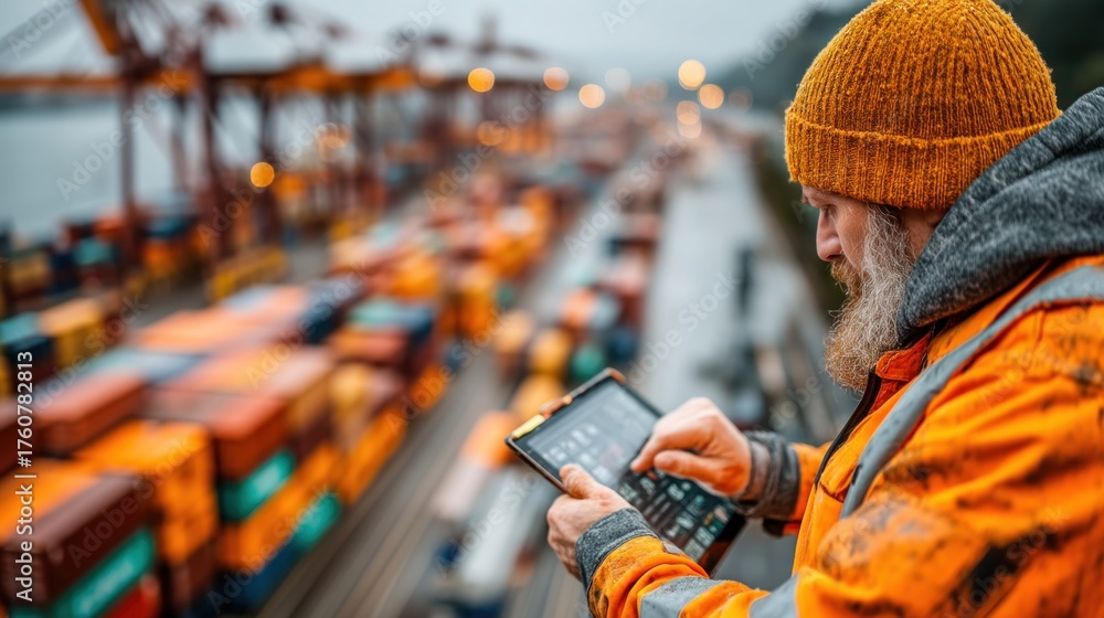 Obraz premium A dock worker checks his tablet amidst colorful shipping containers, highlighting the blend of technology and logistics in the transport industry.