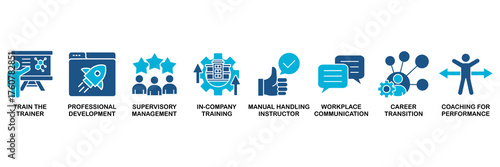 Training and development icon set vector illustration concept for trainer, professional development, supervisory, trainee, instructor, coaching, career transition, and communication�