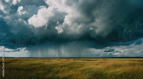 Dramatic storm clouds gather over a grassy plain. Rain falls in streaks