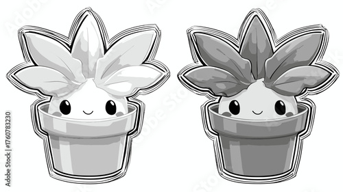 Adorable kawaii cartoon plant characters in pots, cute happy potted creatures with leafy hair, charming digital illustration, monochrome style.