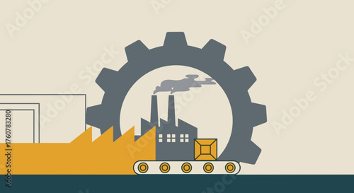 Industrial manufacturing illustration Factory gear mechanism and production line