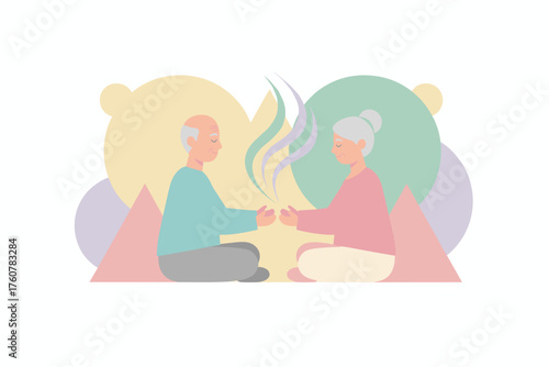 Elderly couple meditating sharing peaceful energy Concept of wellness mindfulness and connection