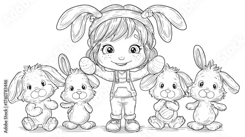 Happy cartoon girl in bunny ears holding Easter eggs surrounded by cute fluffy bunnies, black and white line art for coloring book activity.