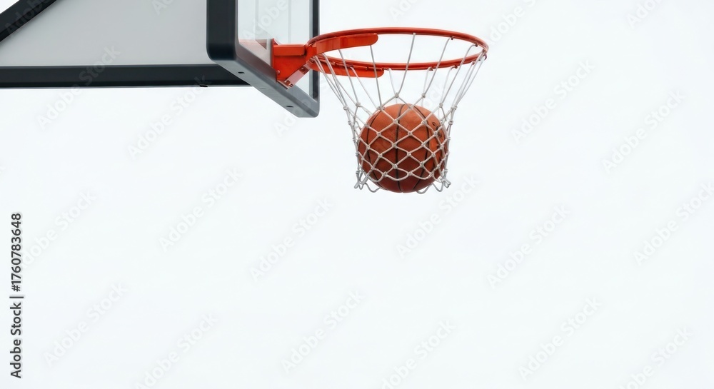 Naklejka premium Basketball dropping through orange hoop and net against a pale background
