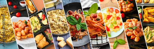 Collage of traditional Italian pasta dishes with cheese and vegetables, closeup