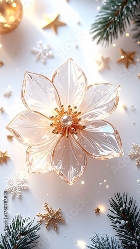 Delicate Crystal Poinsettia Flower with Gold Center on a White Christmas Background