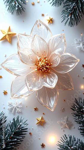 Delicate Crystal Poinsettia Flower with Gold Center on a White Christmas Background