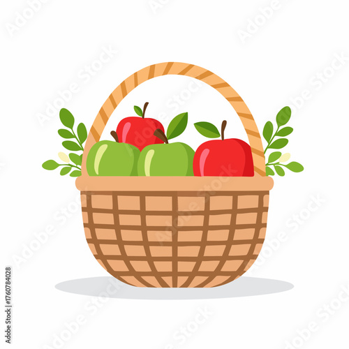 Vector of wicker basket filled with red and green apples, leaves and stems.