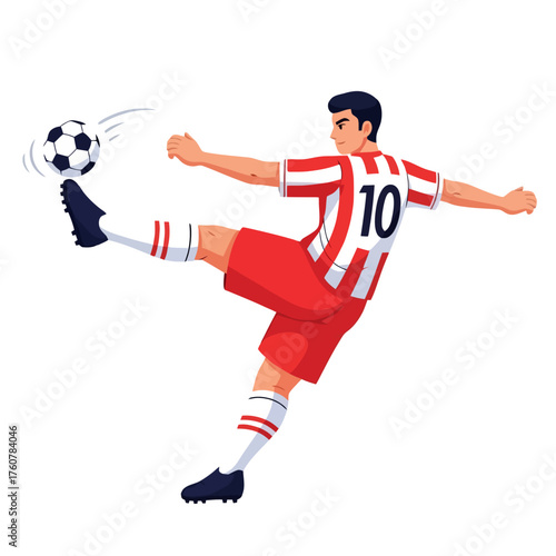 Vector illustration of a dynamic soccer player executing a skillful kick with a soccer ball, wearing a red and white striped jersey