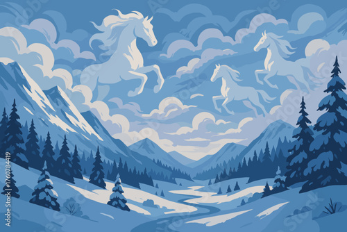 Dreamy winter mountain landscape with horses leaping among the clouds
