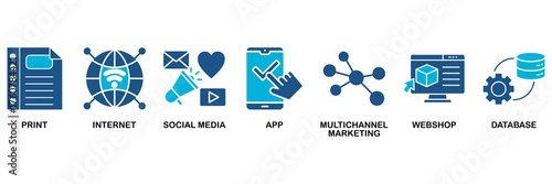 Cross-media icon set vector illustration concept for print, internet, social media, app, multichannel marketing, webshop and database