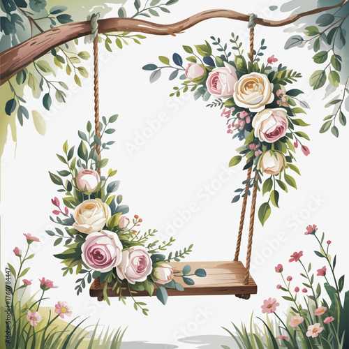 A whimsical watercolor painting showcases a charming wooden swing adorned with delicate pink and white roses, suspended from a sturdy tree branch, creating a serene and enchanting scene isolated on wh
