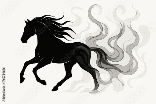 Elegant black horse silhouette with flowing smoke-like mane on a light background
